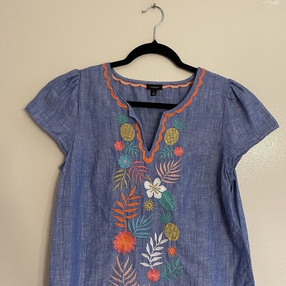 Talbots Women S Blue Linen Cotton Tropical Floral Embroidered Split Neck Top - Picture 5 of 11